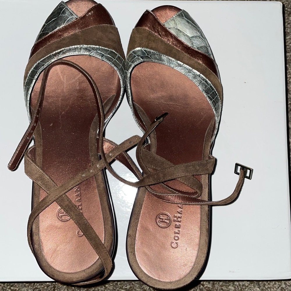 Cole Haan beige tan nikeair wedge suede Leather sandals